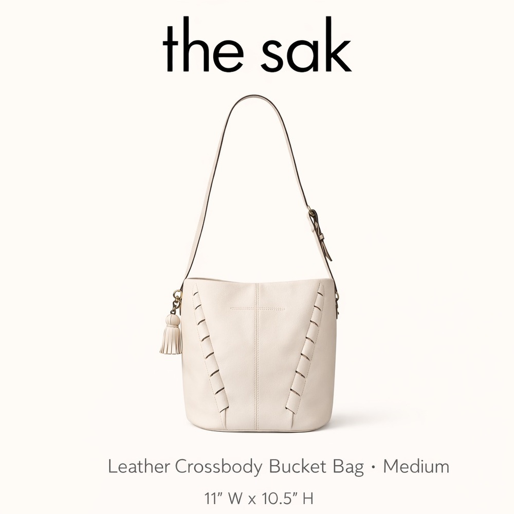The Sak Cream Leather Bucket Bag Tassel Shoulder Bag Boho Minimalist - Picture 10 of 13